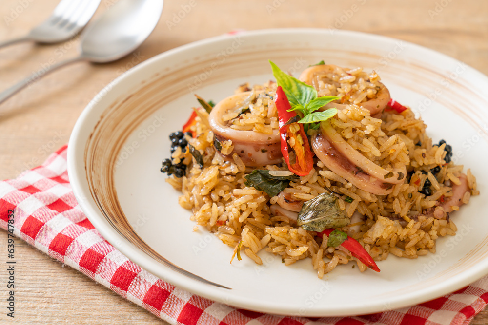 Basil and Spicy Herb Fried Rice with Squid or Octopus