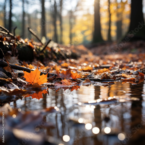 A carpet of fallen leaves beside a forest stream 