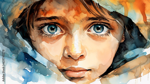 難民の少年の水彩イラスト