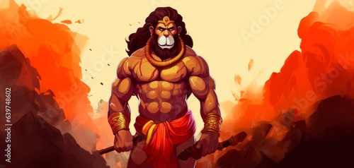 Illustration of Lord Hanuman on abstract background for Hanuman Jayanti festival of India and Happy Dussehra celebration background with Hindi Text Jai, Generative AI