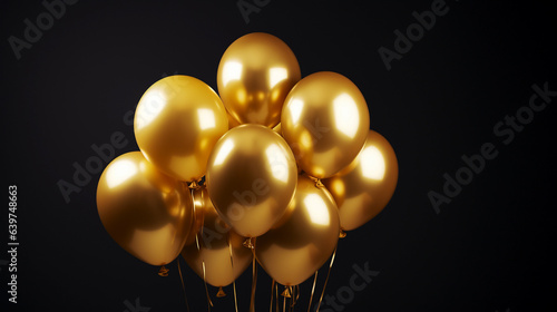 Golden balloons bunch isolated on dark background with ribbons