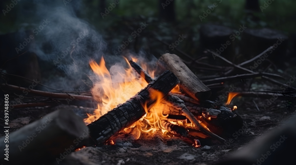 close-up of a campfire burning at the campsite in the evening. camping and leisure concept close-up of a campfire burning at the campsite in the evening. camping and leisure concept