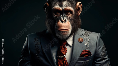Stylish fashionable monkey in luxury suit in dark background
