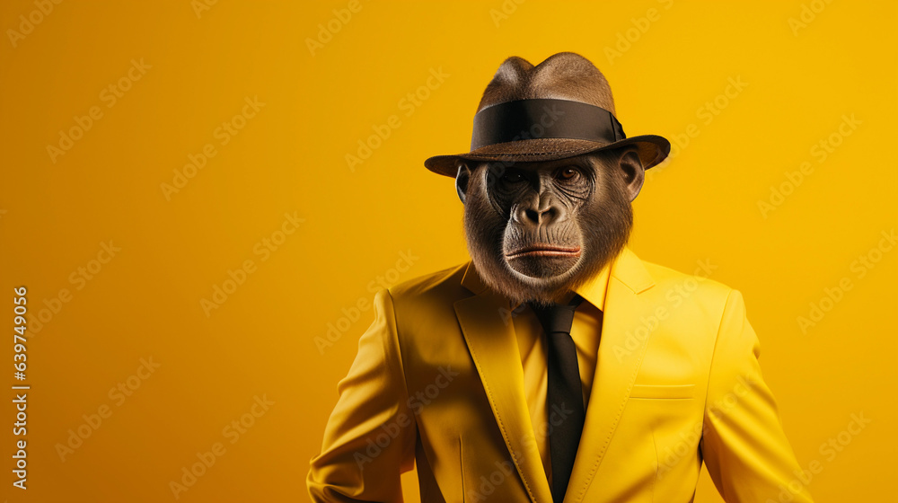 Monkey wearing a yellow colour business suit, sunglasses and bowler hat in yellow background