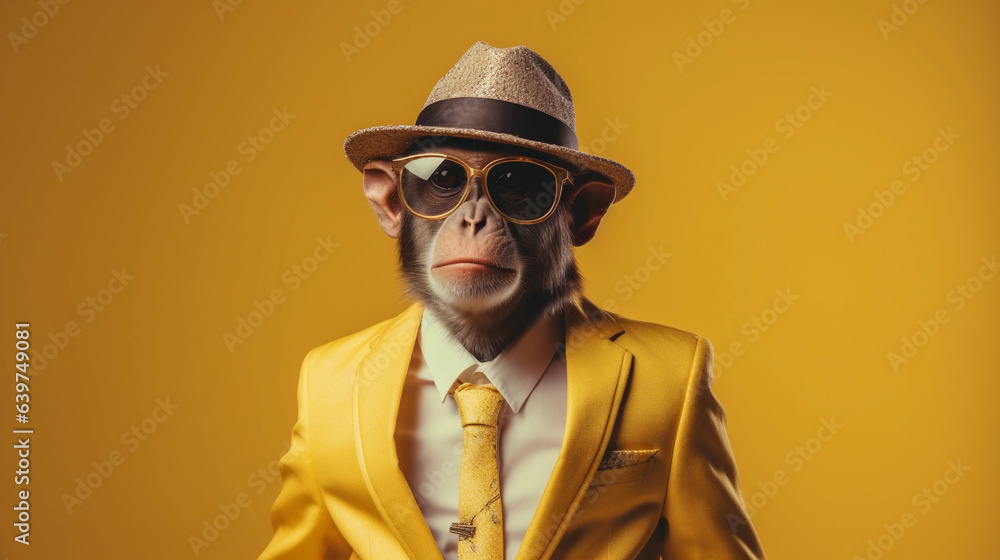 Monkey wearing a yellow colour business suit, sunglasses and bowler hat in yellow background Monkey wearing a yellow colour business suit, sunglasses and bowler hat in yellow background