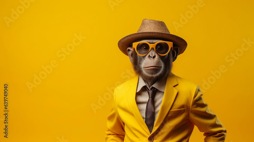 Fotografia Monkey wearing a yellow colour business suit, sunglasses and bowler hat in yello