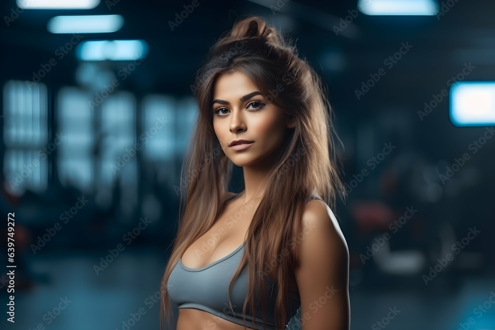 Confident Latina female fitness coach in a gym background, professional trainer, Horizontal format 3:2