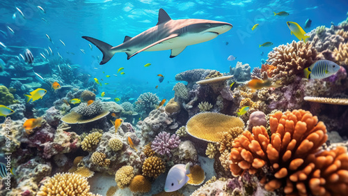 Caribbean reef shark and coral reef generative ai © JKLoma