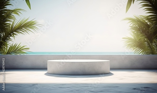 selective focus. interiors of concrete podium or table top with tropical sea background. relax and vacation concepts. Generative AI © Raool