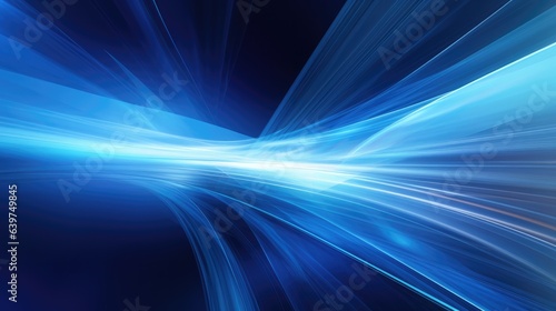 Illustration of speed motion in blue highway road tunnel, fast moving toward the light, colorful technology background.