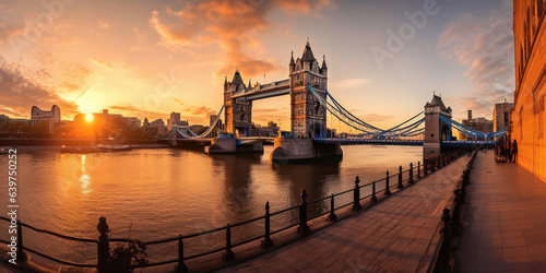 Panorama from the Tower Bridge to the Tower of London, United Kingdom, during sunset generative ai photo