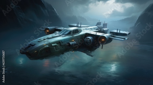 Fototapeta Naklejka Na Ścianę i Meble -  Illustration of realistic military exploration spaceship heading through asteroids