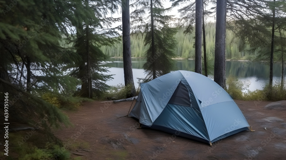 A blue tent set up at a backcountry campsite near a beautiful lake.