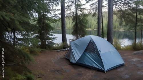 A blue tent set up at a backcountry campsite near a beautiful lake.