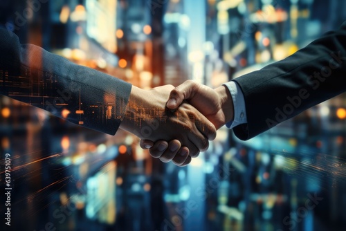 Businessmen making handshake with city background for web banner , design template , teamwork concept, Generative AI