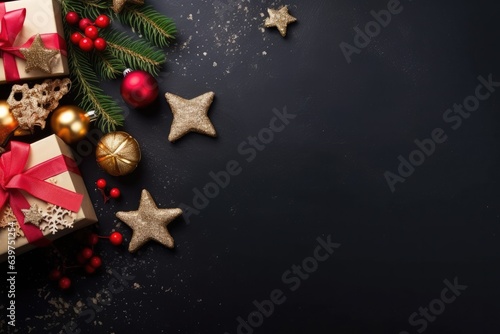 Christmas dark background with christmas decoration, top view, Generative AI