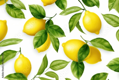 Creative summer tropical background with citrus fruits, leaves and flowers. Orange, lemon, lime on yellow background. Summer concept, Generative AI