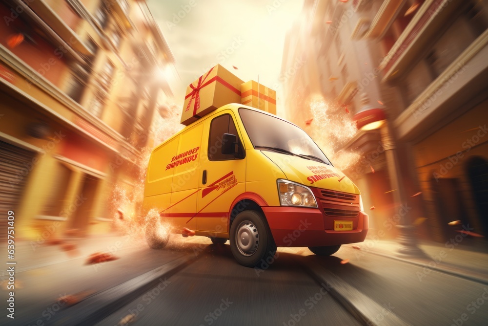 Fast delivery of package service with a fast moving van or motorcycle on cityscape, Generative AI Fast delivery of package service with a fast moving van or motorcycle on cityscape, Generative AI