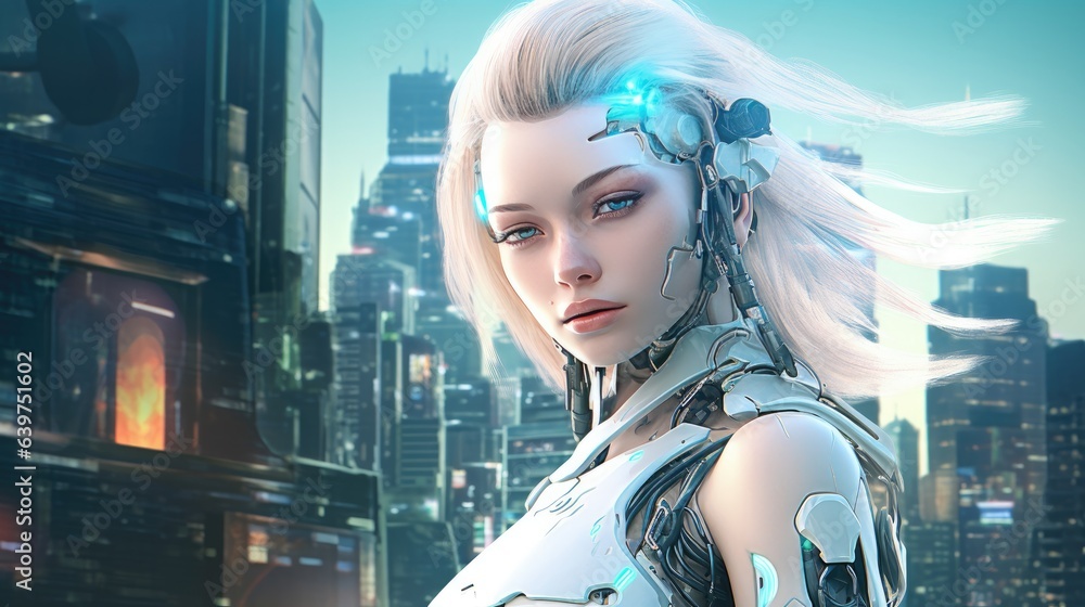 Illustration of AI robot woman or female cyborg robotic lady with Beautiful face and cybernatic Artificial intelligence AI concept Illustration of AI robot woman or female cyborg robotic lady with Beautiful face and cybernatic Artificial intelligence AI concept