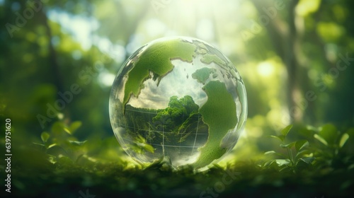 Illustration of Green Globe In Forest With Moss And Defocused Abstract Sunlight