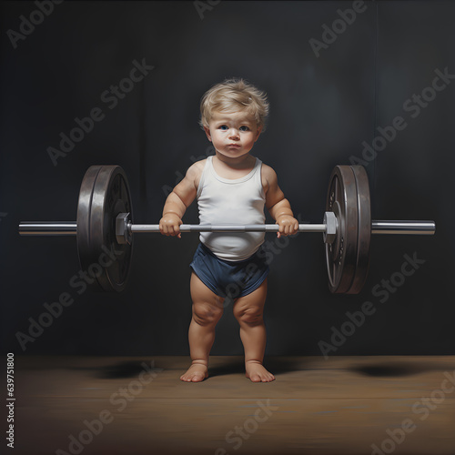 Weight lifters for kid boy in barbell weightlifting poses. Black studio backdrop in gym. A children dream or future sports career enhance physical development baby muscles School weight competition.