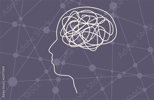 Psychotherapy, stress and psychosis. A man head in profile with a tangled ball of nerves, scribbles symbolizing a depressed state of a person. Psychological help. Personality disorder and depression