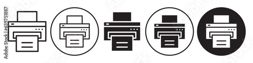 Printer Icon. Symbol of electric print machine with ink or laser jet technology. Paper page image print out by push or press button of device. Vector flat outline set of digital file copy fax shape