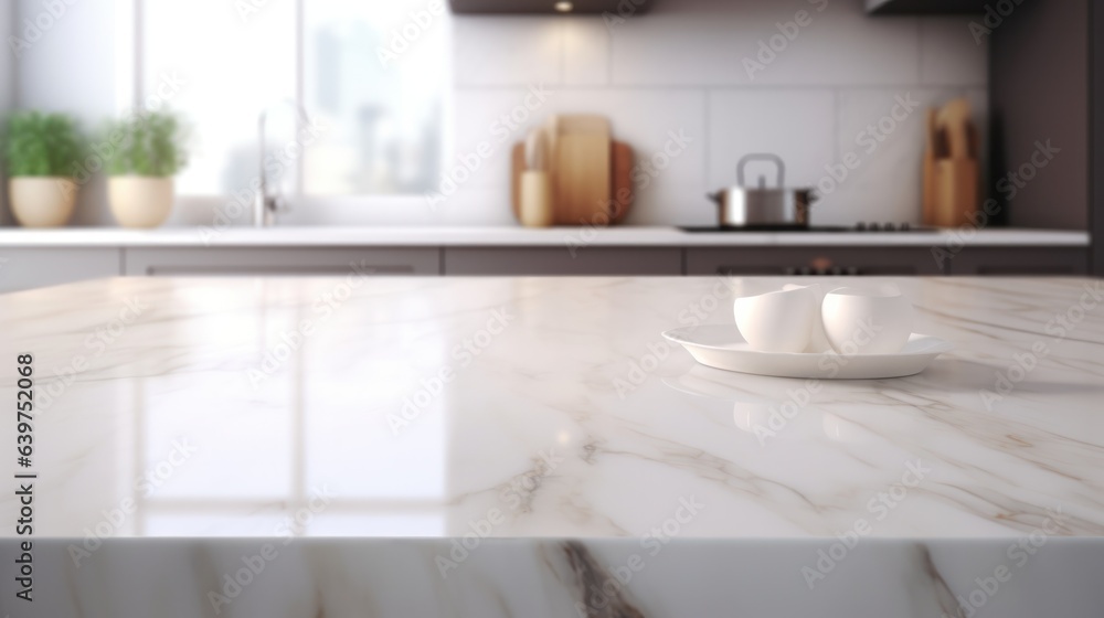 Fototapeta premium Empty white marble stone table top and blur glass window, Generative AI