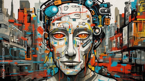 Illustration of urban street art painting on wall graffiti   robot and city