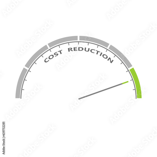 Costs reduction Concept. business finance optimisation strategy economy saving. Cost text with arrow. Instrument scale. Colorful infographic gauge element.