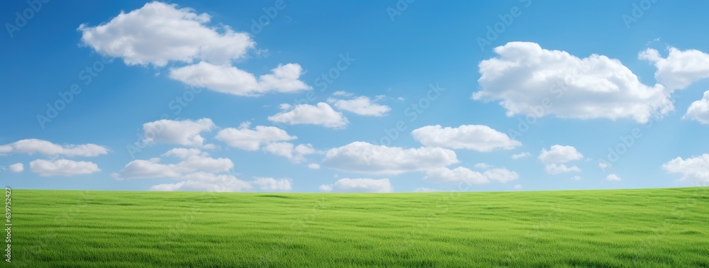 Green grass field agains the blue cloud sky, Generative AI Green grass field agains the blue cloud sky, Generative AI