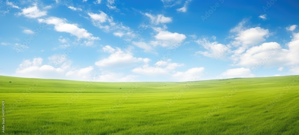 Fototapeta premium Green grass field agains the blue cloud sky, Generative AI