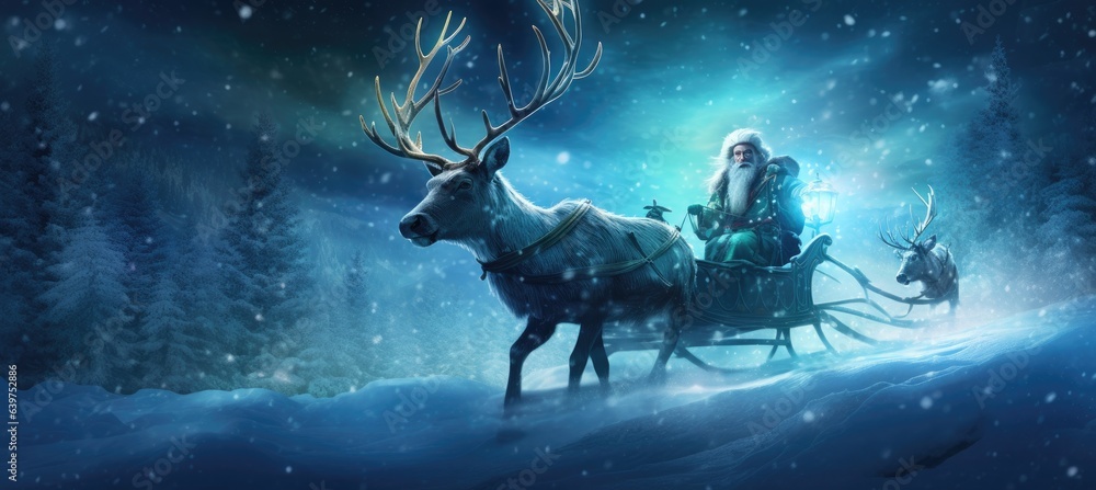 Illustration of Santa Claus get a move to ride on their reindeer sleigh flying over Christmas fairy forest. - obrazy, fototapety, plakaty 