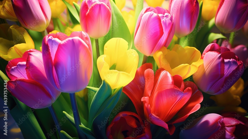 Illustration of tulip flowers blooming in a tulip field.