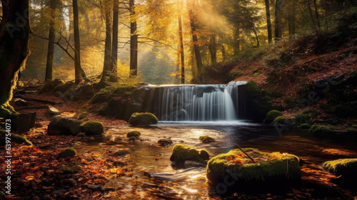 photo of Waterfall in the autumn with ray light, Landscape generative ai © JKLoma