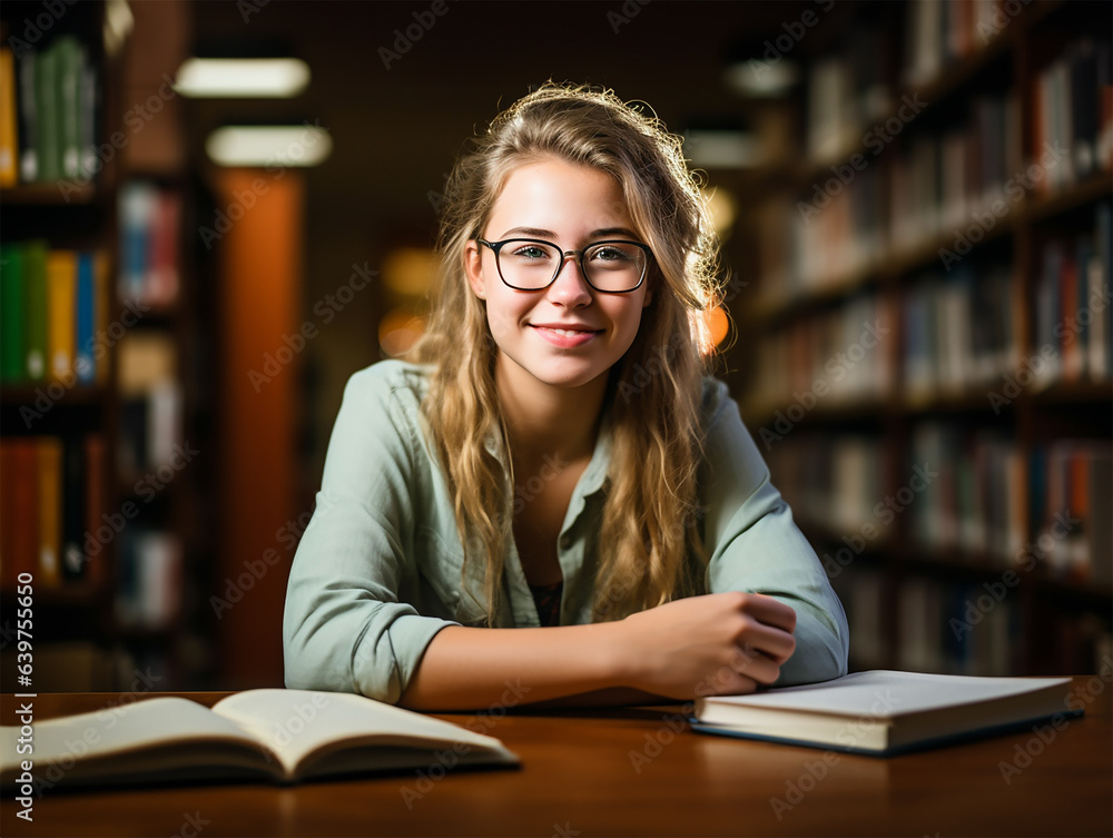 A young female student sitting comfortably in a school library A young female student sitting comfortably in a school library