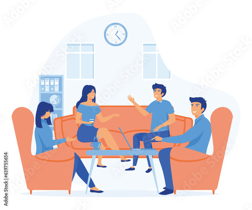  Co working, teamwork concept, Team of people sitting at desk with laptops, Meeting of colleagues. flat vector modern illustration