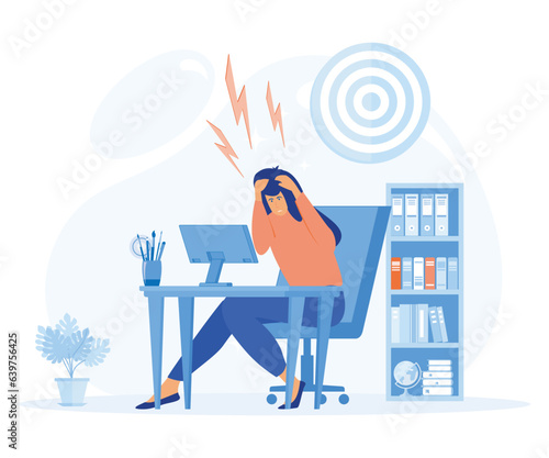 unwell at work, young female worker holding her head in the office, flat vector modern illustration