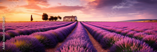 photography place with beautiful purple lavender fields at sunset.generative ai photo