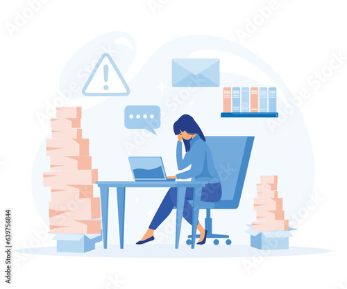 Tired young woman working on her laptop among piles of papers and documents. Stress in the office,  flat vector modern illustration