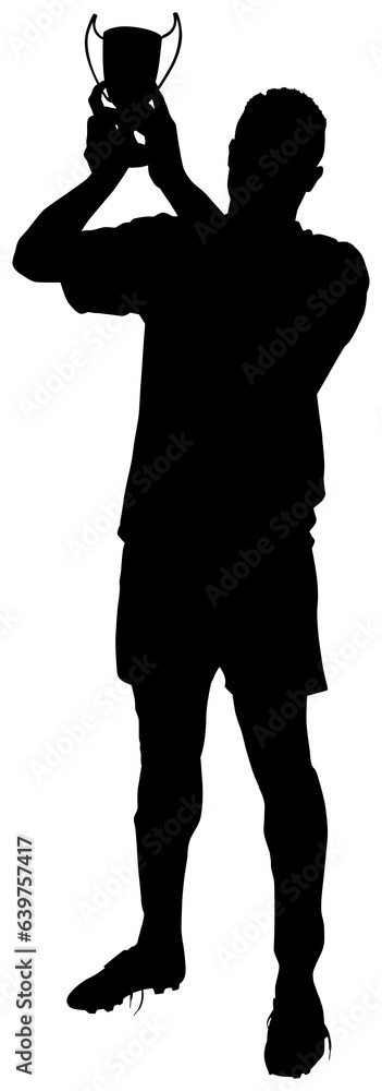 Digital png silhouette image of male football player holding cup on transparent background