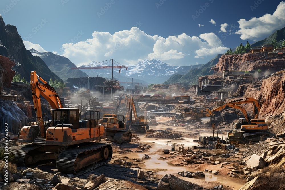 heavy machinery in action. Showcase a construction site bustling with excavators, bulldozers, cranes, and dump trucks. heavy machinery in action. Showcase a construction site bustling with excavators, bulldozers, cranes, and dump trucks.