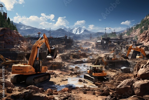 heavy machinery in action. Showcase a construction site bustling with excavators, bulldozers, cranes, and dump trucks.
