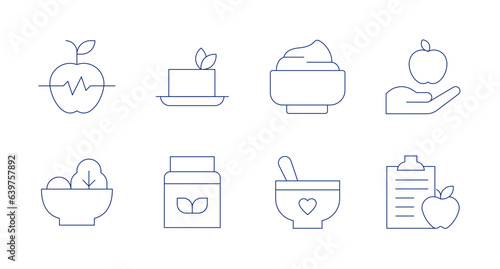 Nutrition icons. Editable stroke. Containing wellness, tofu, mascarpone, nutrition, salad, proteins, baby food, diet.