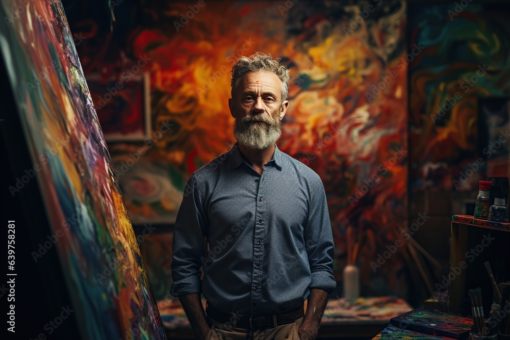 artistically driven painter standing before a canvas, lost in a world of colors and strokes, Generated with AI artistically driven painter standing before a canvas, lost in a world of colors and strokes, Generated with AI