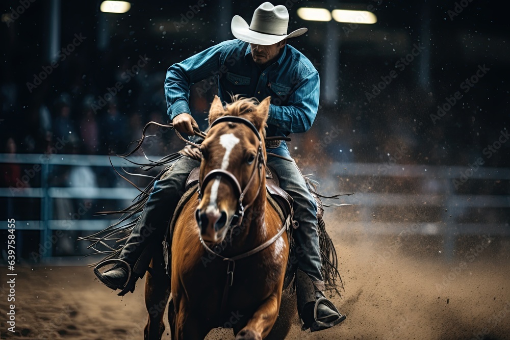 rodeo cowboys in action, riding bucking broncos, roping cattle, and displaying their incredible skills. Generated with AI