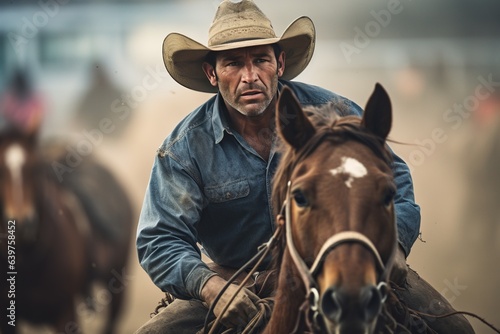 rodeo cowboys in action, riding bucking broncos, roping cattle, and displaying their incredible skills. Generated with AI