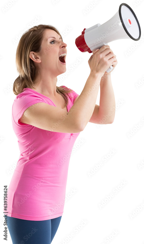 Digital png photo of caucasian woman with loudspeaker on transparent background Digital png photo of caucasian woman with loudspeaker on transparent background