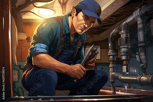 skilled plumber working under a sink, fixing pipes and connections with tools in hand, ensuring proper water flow,Generated with AI photo