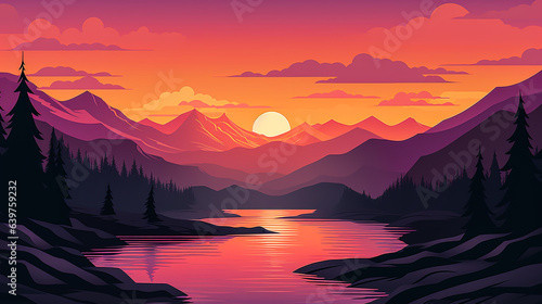 A wallpaper background of a breathtaking landscape of trees, hills, mountains, reiver, sun during sunrise or sunset, wallpaper illustration in flat vector style. Digital illustration generative AI.